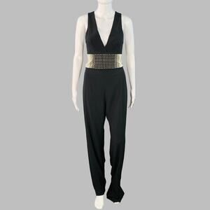 LA PERLA 4 Black White Viscose Blend Faux Pearl Embellishment V-Neck Jumpsuit